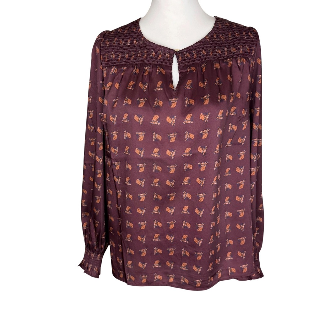 Talbots Womens XL Burgundy Satin Equestrian Horse Print Smocked Yoke Blouse NWT